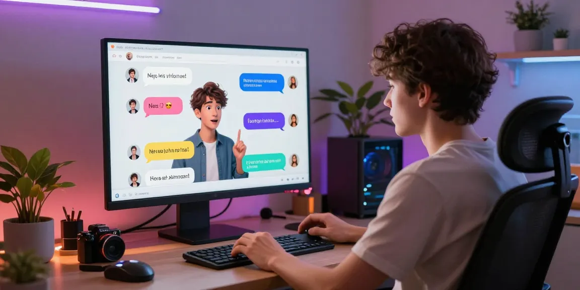 User engaging in lively ai nsfw chat with colorful interface and emotive AI character on screen.