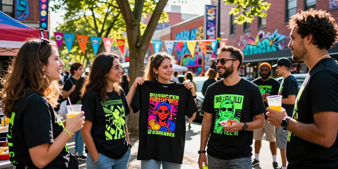 Luminous printing t-shirts showcased at an outdoor event, highlighting vibrant designs and community engagement.