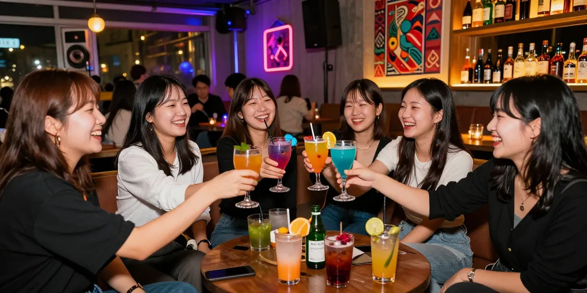 Friends enjoying cocktails at 상봉동 한국관나이트, vibrant nightlife atmosphere with neon lights and modern decor.