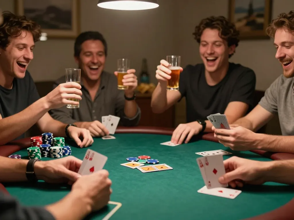 friends celebrating a win at poker during a home game, exploring links on hidden wiki onion