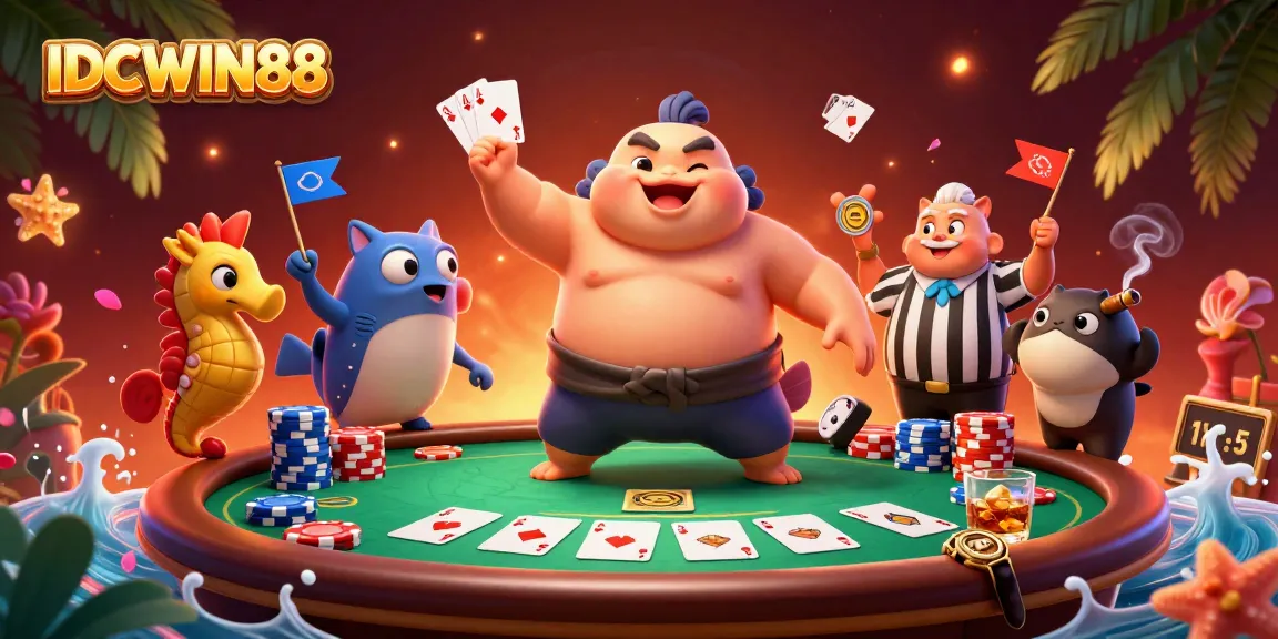 Join the excitement at IDCWIN88 with thrilling poker gameplay featuring animated fugu and vibrant casino elements.
