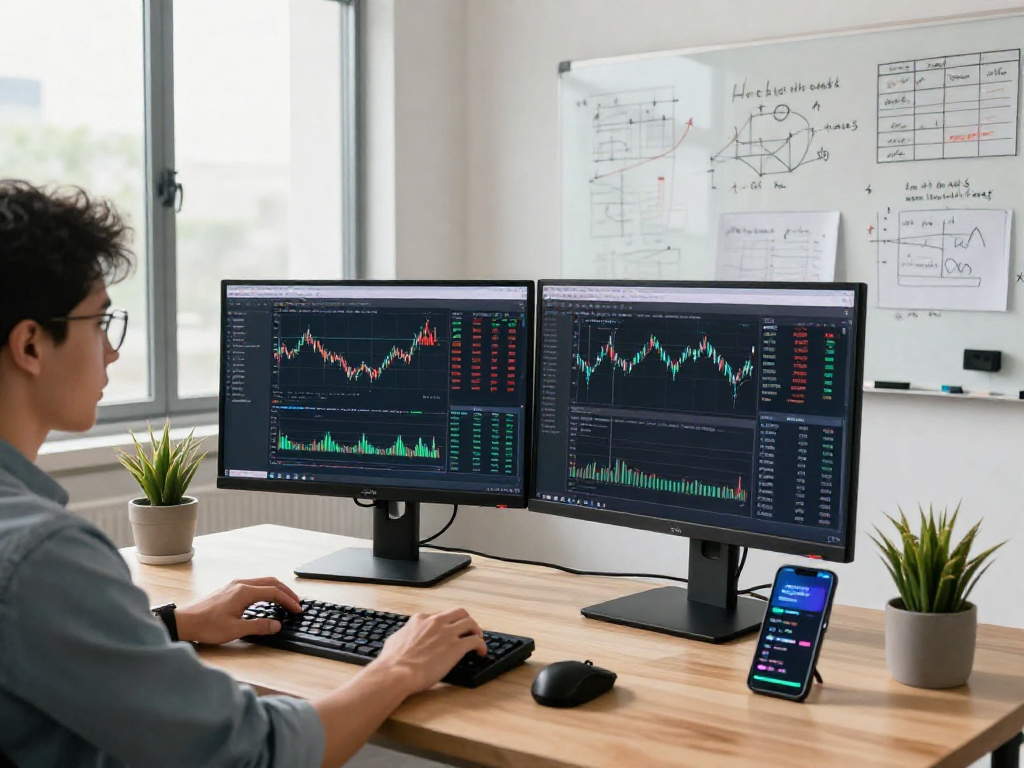 Developer coding the HK stock real-time API in a modern workspace, showcasing stock market data.