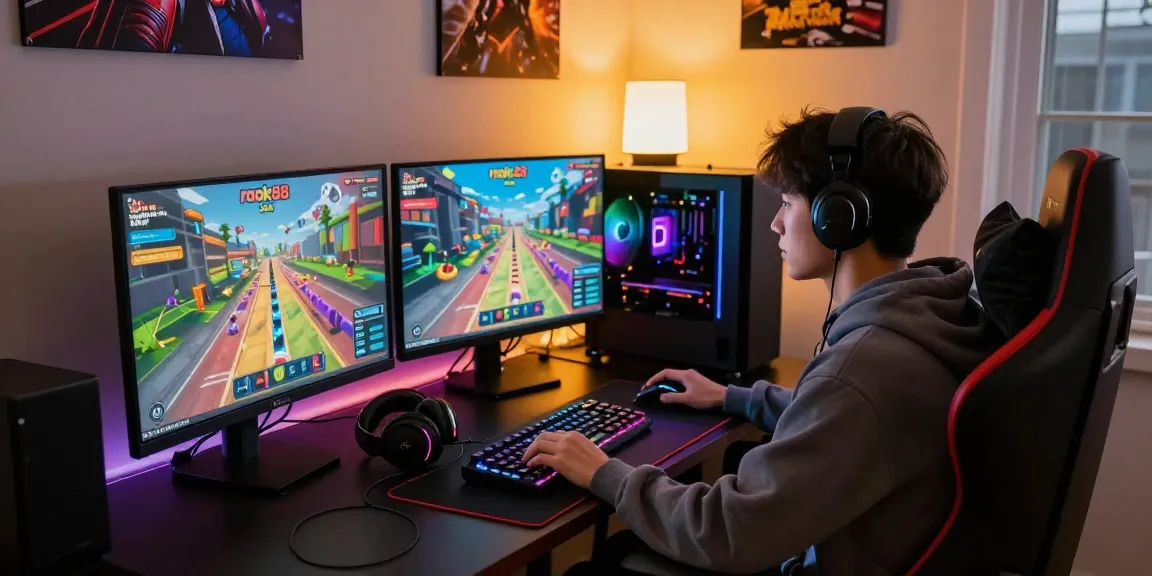 Player engaging with the rokok88 slot game on multiple screens in an immersive gaming setup.