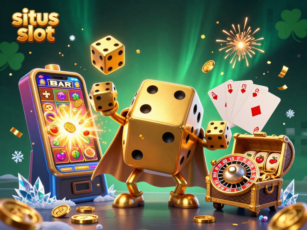 Menghadapi situs slot dengan animasi dadu emas, mesin slot, dan simbol keberuntungan yang terbang.