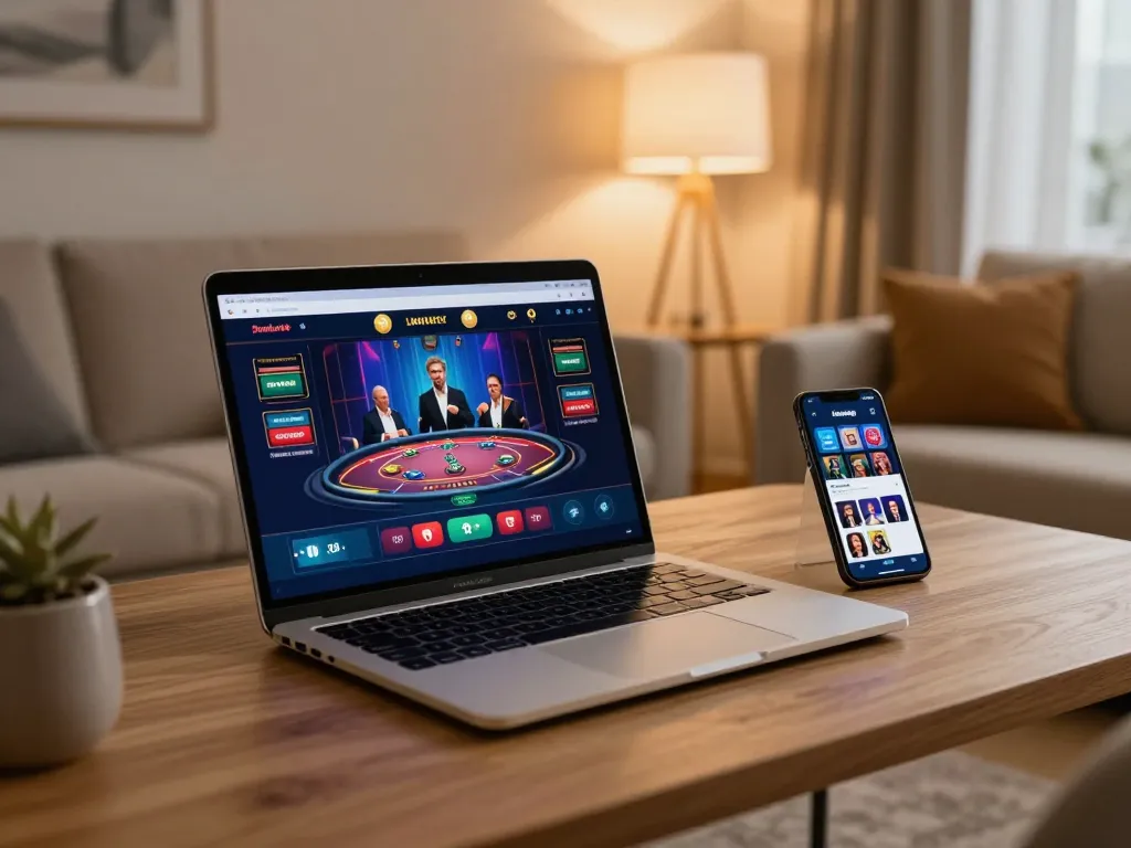 Player engaging with online 3win actor casino games on a stylish laptop at home.