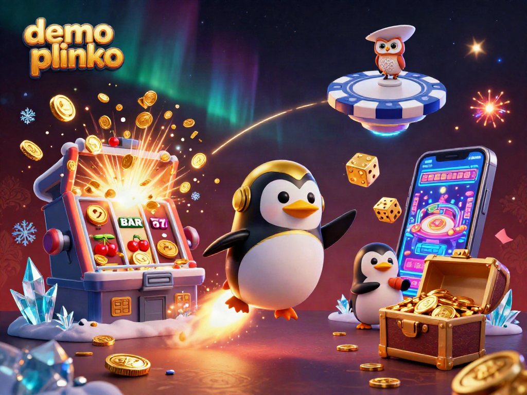Experience demo plinko with penguin launching through a casino scene filled with coins and jackpots.