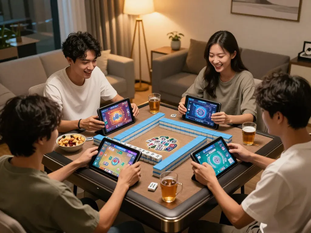 Playing exciting mahjong on tablets, enjoying chances on situs gacor in stylish home setup.