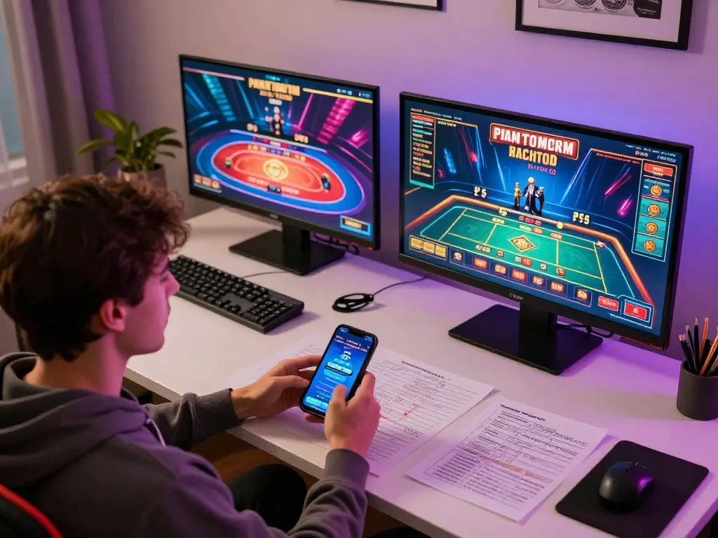 Engaging home gaming setup showcasing Daftar Igamble247 with player analyzing live casino strategies