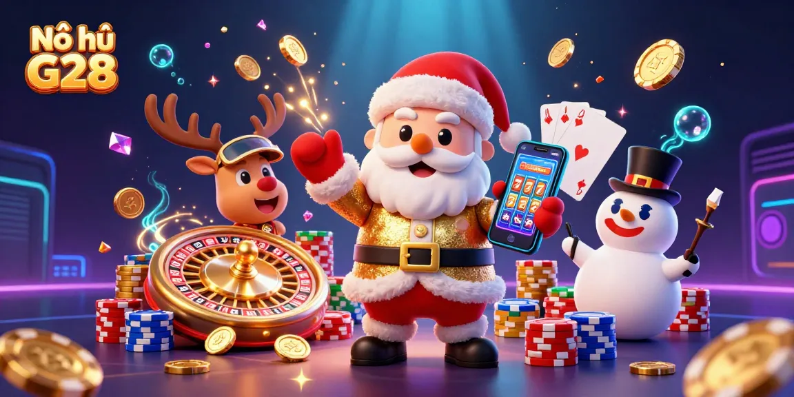 Nổ hũ G28 showcases a festive scene with Santa, reindeer, and snowman celebrating casino wins with vibrant slot themes.