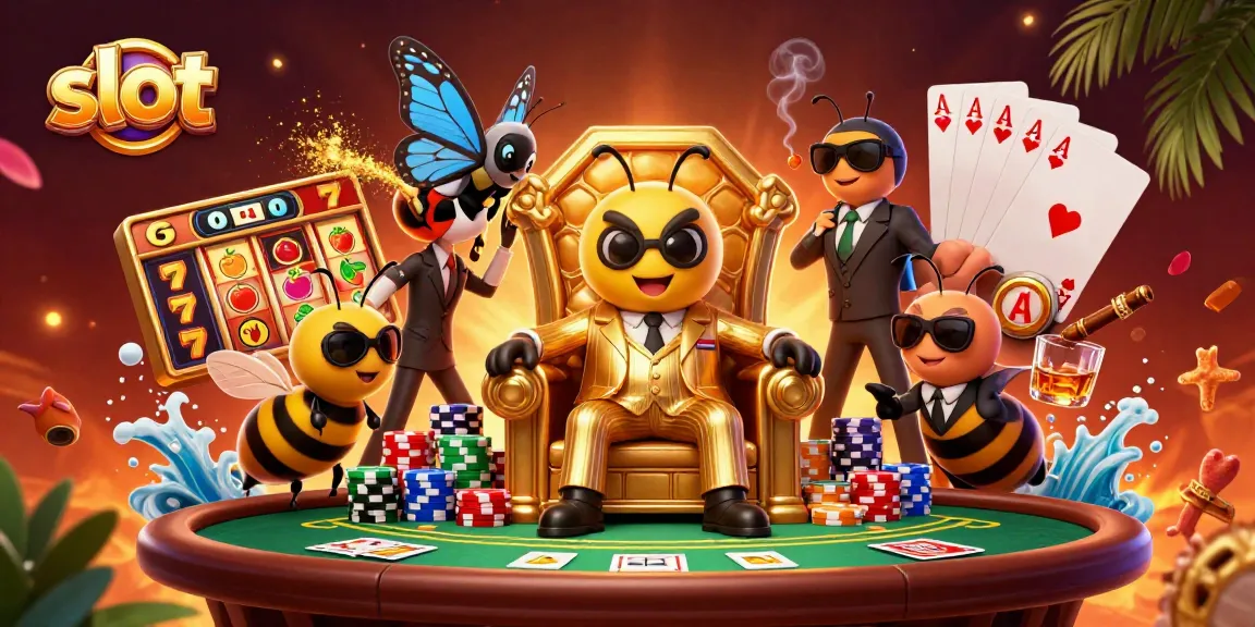 Menangkan slot di kasino dengan ilustrasi yang menampilkan mesin slot, karakter lucu, dan suasana meriah.