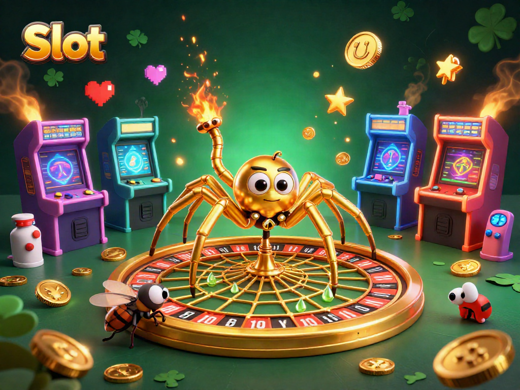 Engage with immersive Slot excitement featuring a 3D golden spider, roulette web, and arcade elements.