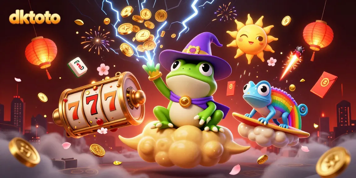 Join the excitement of dktoto with a weather wizard frog and chameleon amidst golden coins.