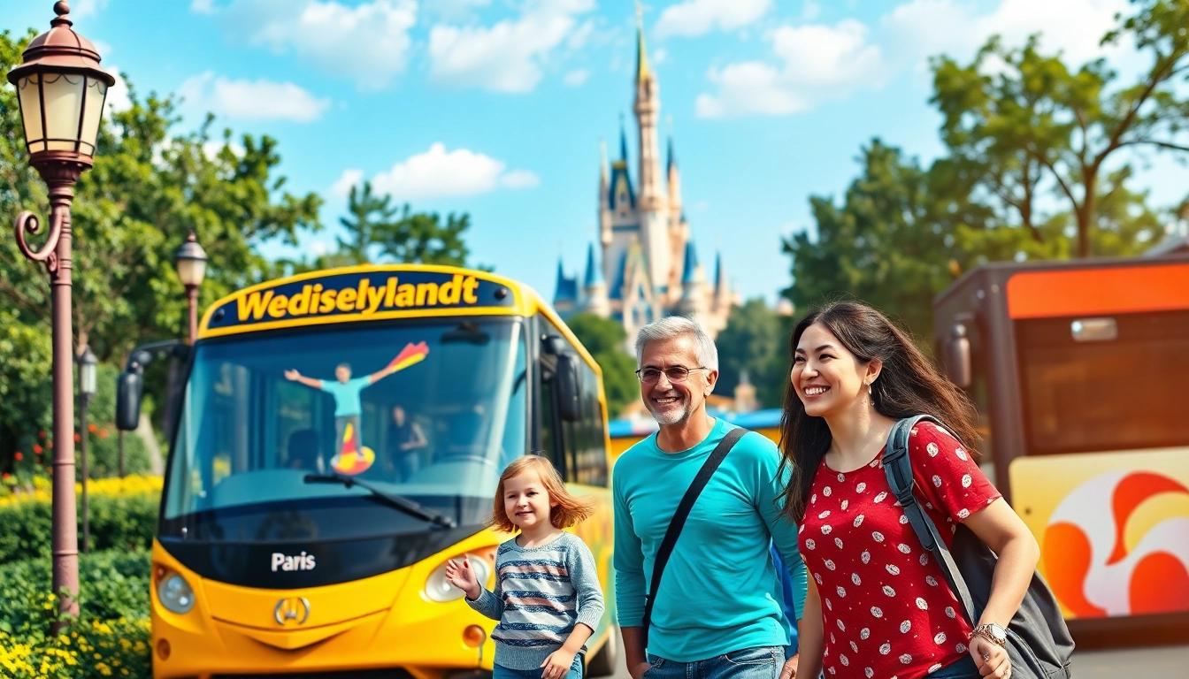 Experience Disneyland Paris airport transfer services with a welcoming shuttle bus and joyful family.
