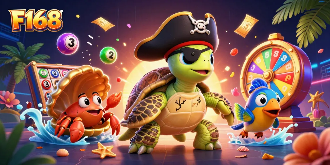 Win big at F168 with vibrant lottery balls and exciting game elements in a lively casino scene.