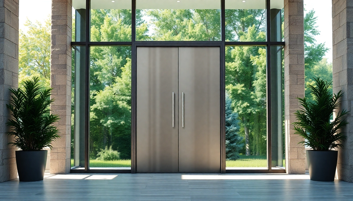 Open single leaf double swing door enhancing modern architecture's elegance.