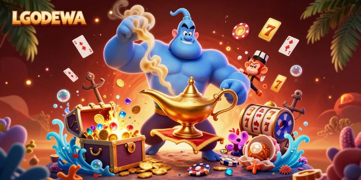 Winning at LGODEWA with vibrant genie magic and exciting casino elements in a dynamic scene.