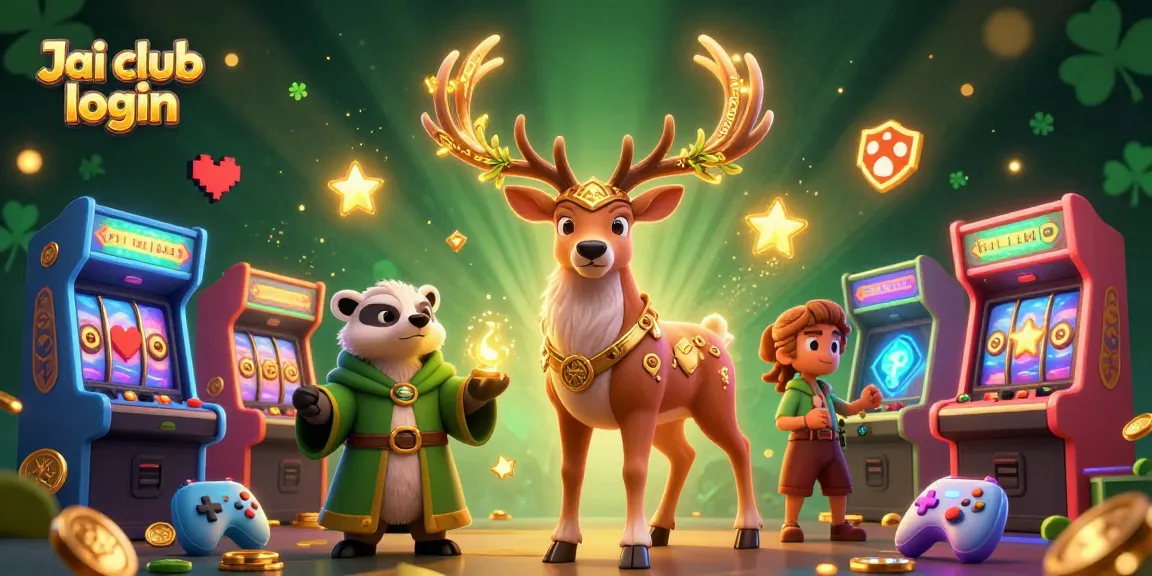 Engage with exciting games on Jai club login, featuring a vibrant 3D illustration of a druid stag and badger amidst enchanting gambling elements.