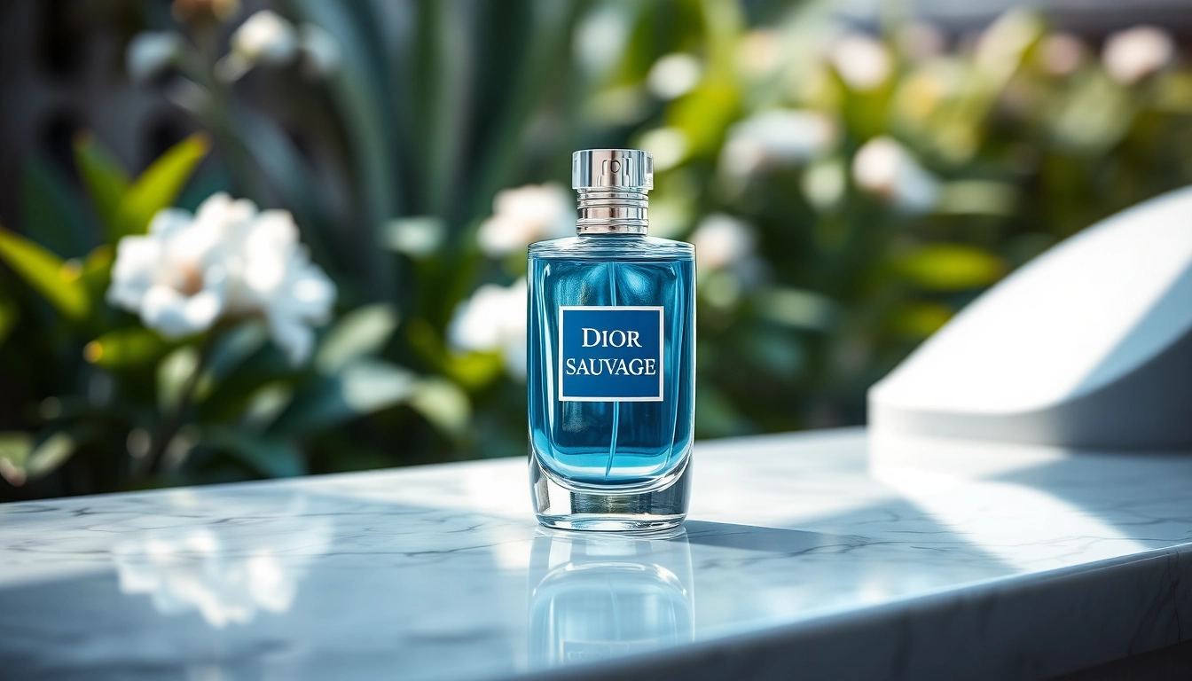Dior Sauvage parfum bottle on a marble countertop, radiating elegance and freshness.