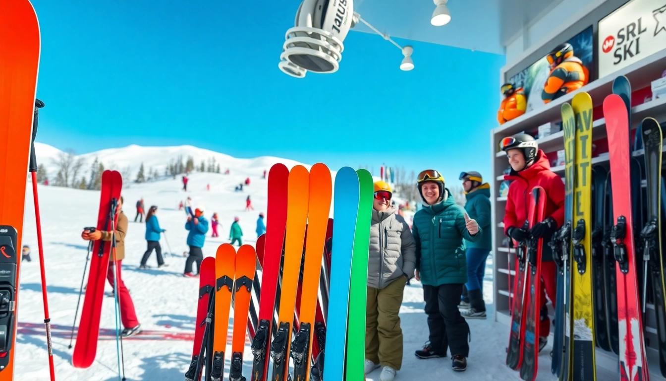 Ski shop McIntyre Ski Area, NH, showcasing vibrant ski gear in a lively winter setting.