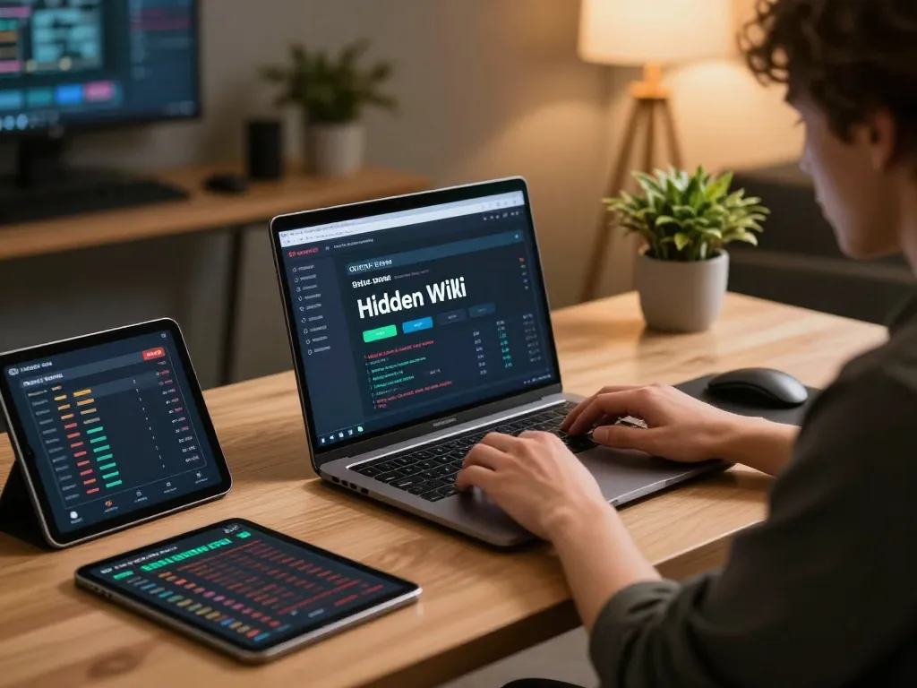The hidden wiki status displayed on a laptop screen with a player engaged in online gaming strategy.