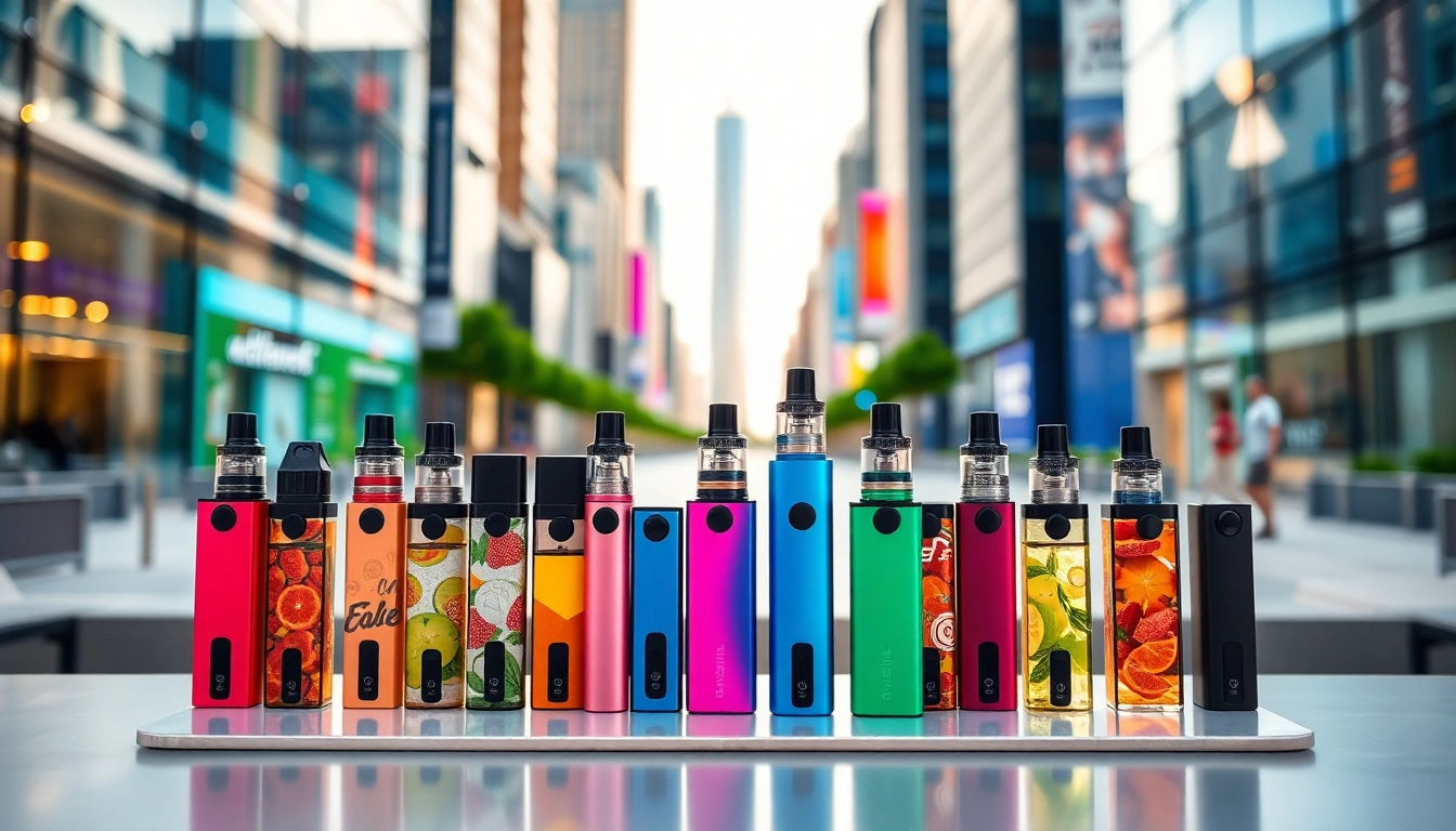 Discover vibrant disposable vapes displayed in a modern urban setting, showcasing variety and appeal.