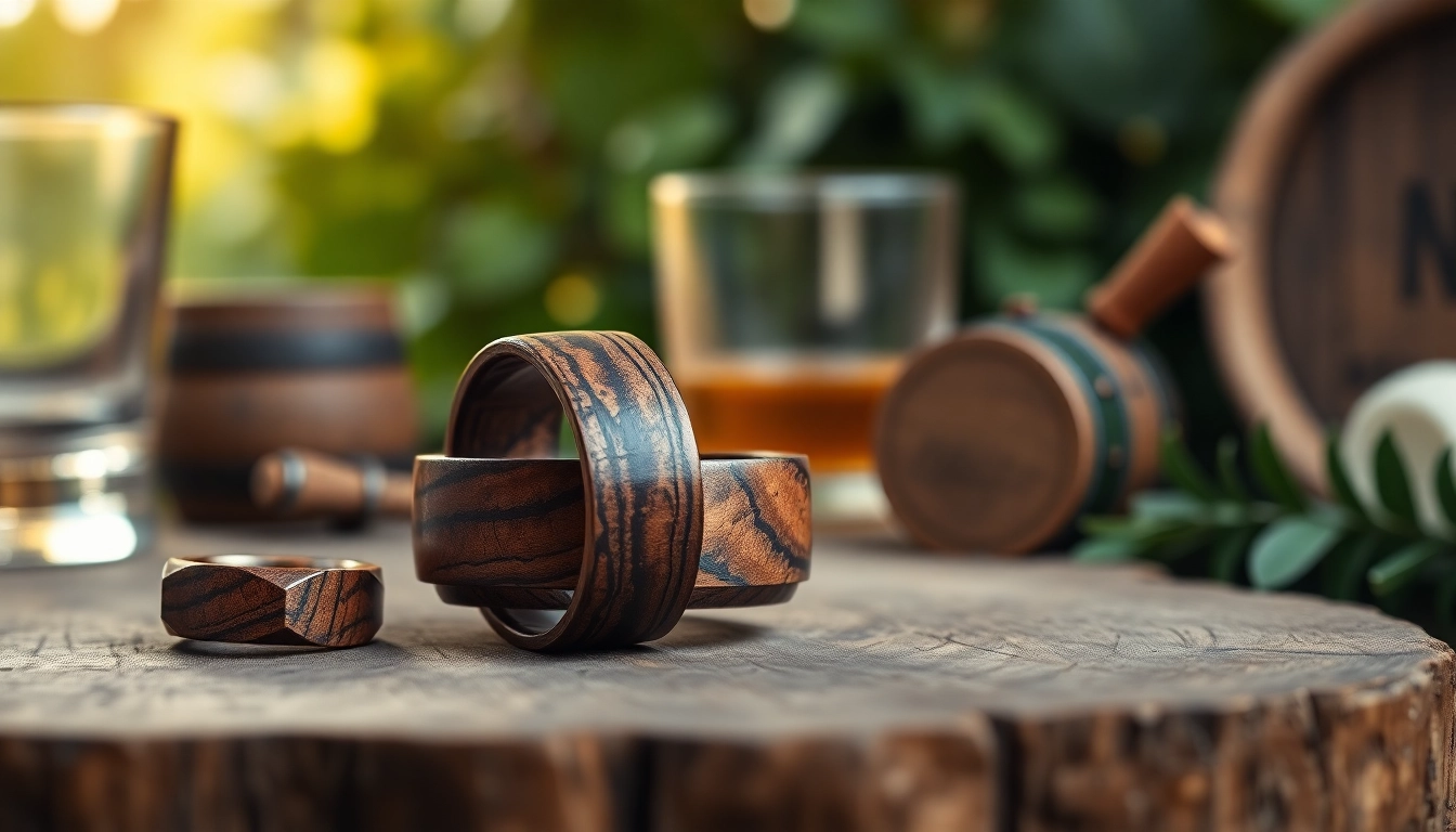 Highlighting Whiskey Barrel Wedding Bands showcasing unique wood grain details and cozy atmosphere.