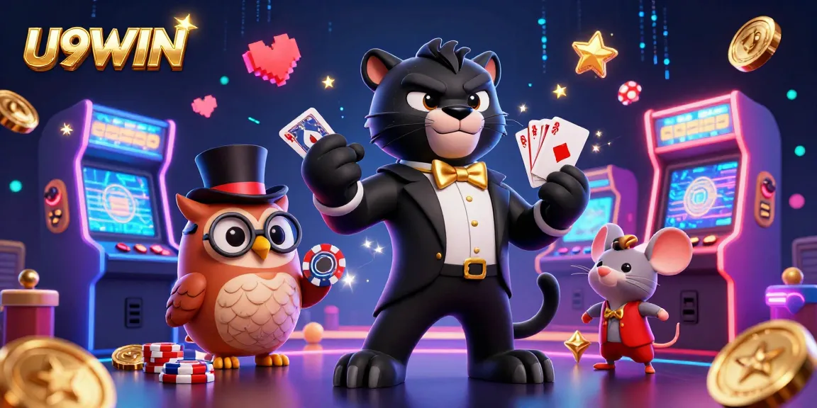 U9WIN showcases a stylish panther dealing cards with an owl and lucky mouse amid vibrant casino games.