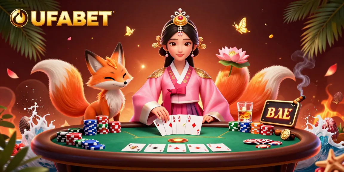 Engage in thrilling poker games at UFABET, featuring vibrant characters and casino elements.