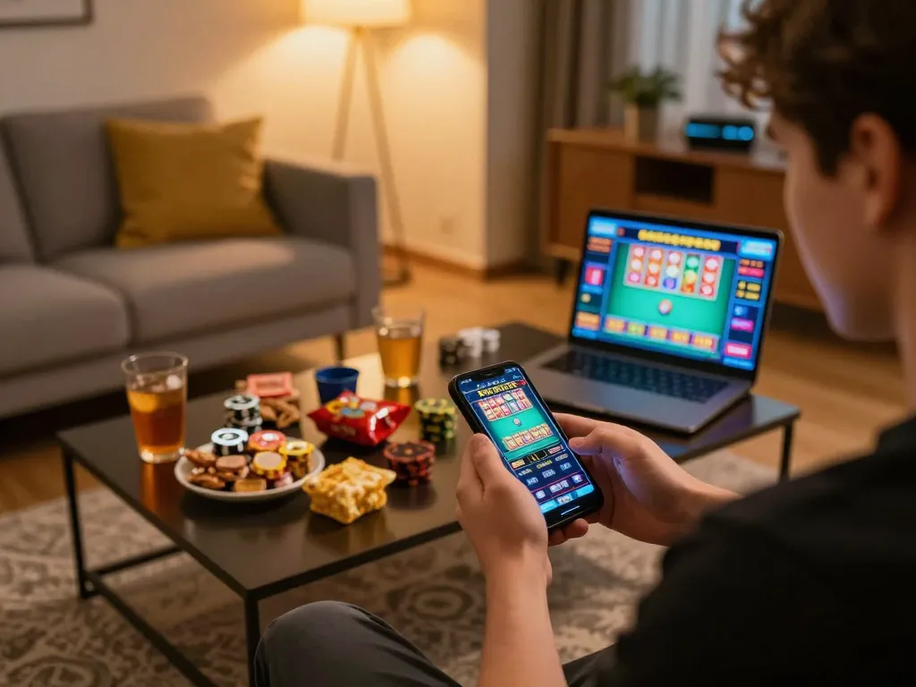 Player engaging with a สล็อตวอเลท app on smartphone, showcasing dynamic online gambling experience.