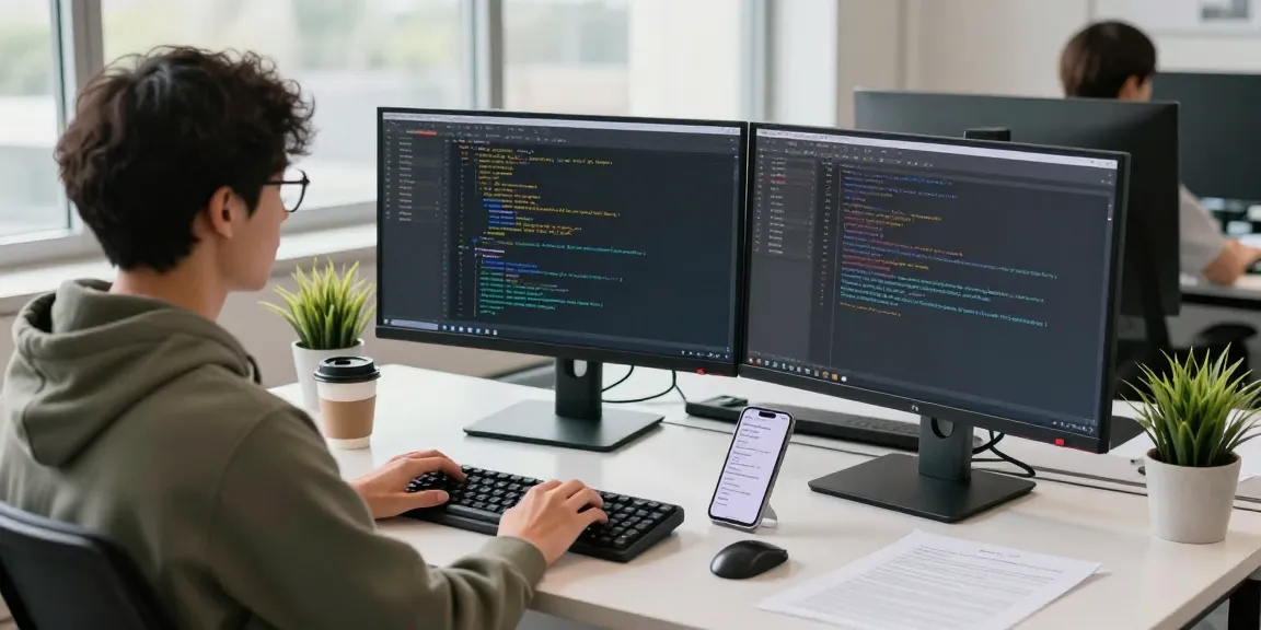 Developer coding on dual monitors in an inspiring workspace while using 纸飞机中文版 messaging app for communication.
