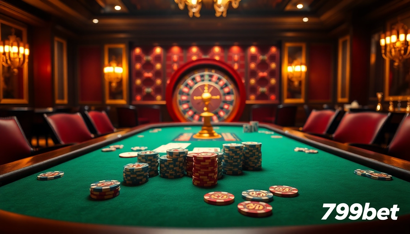 Experience intense poker action at 789bet with vibrant chips and cards on a luxury table.