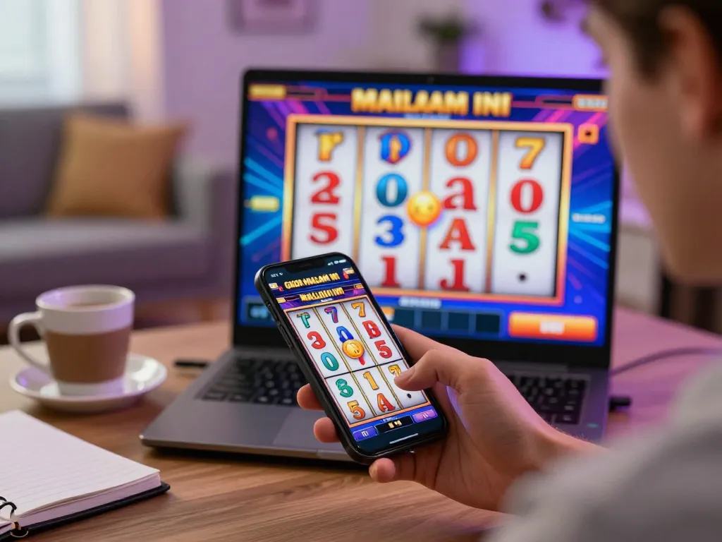 Playing on smartphone showing slot gacor malam ini with exciting reels in vibrant home setting