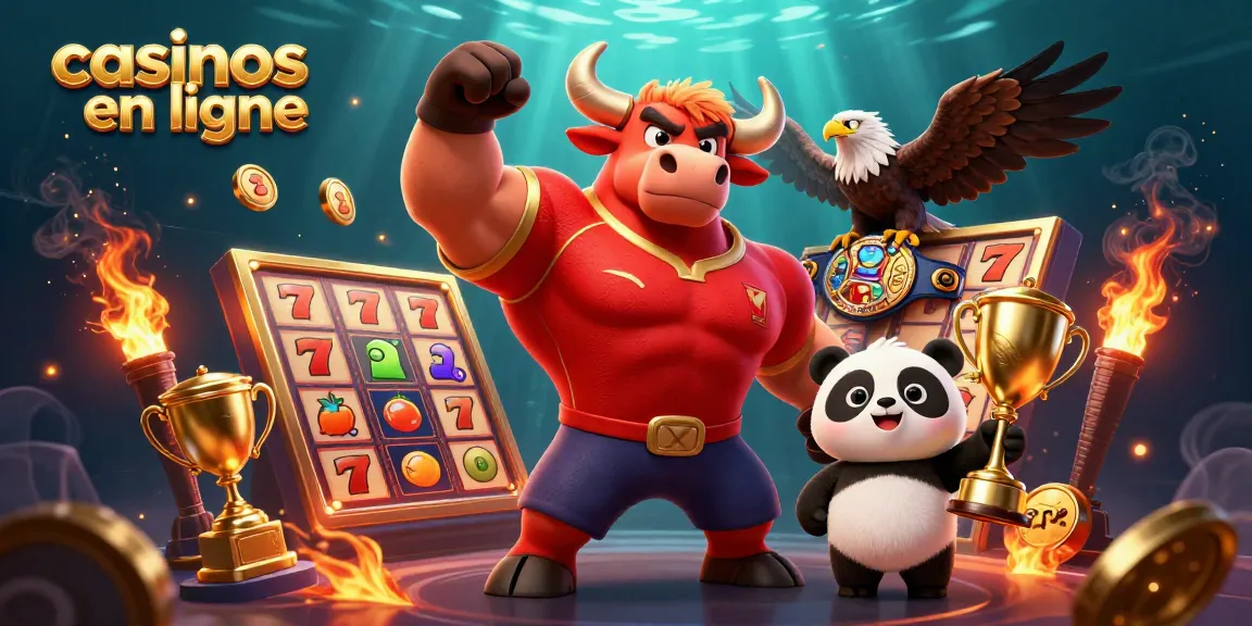 Jouez aux casinos en ligne avec un bull musclé et un panda heureux remportant des prix.