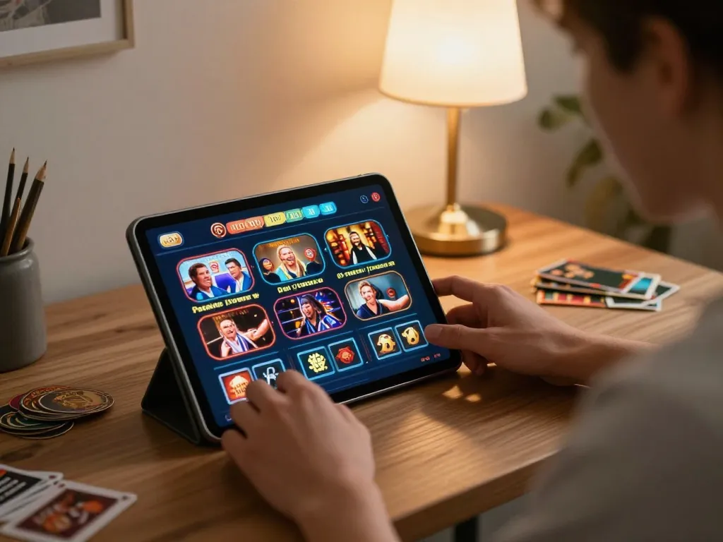 A person strategizing at home with Agen Casino Online game displayed on tablet during a cozy evening.