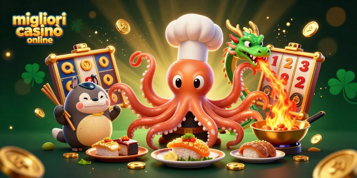 Vivi l'emozione nei migliori casinò online con una scena vivace che presenta un polpo chef di sushi e un drago dorato.