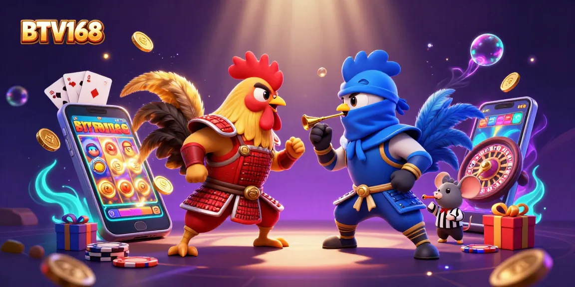 BTV168 showcases thrilling standoff of roosters amidst a dynamic casino scene, featuring slot games.