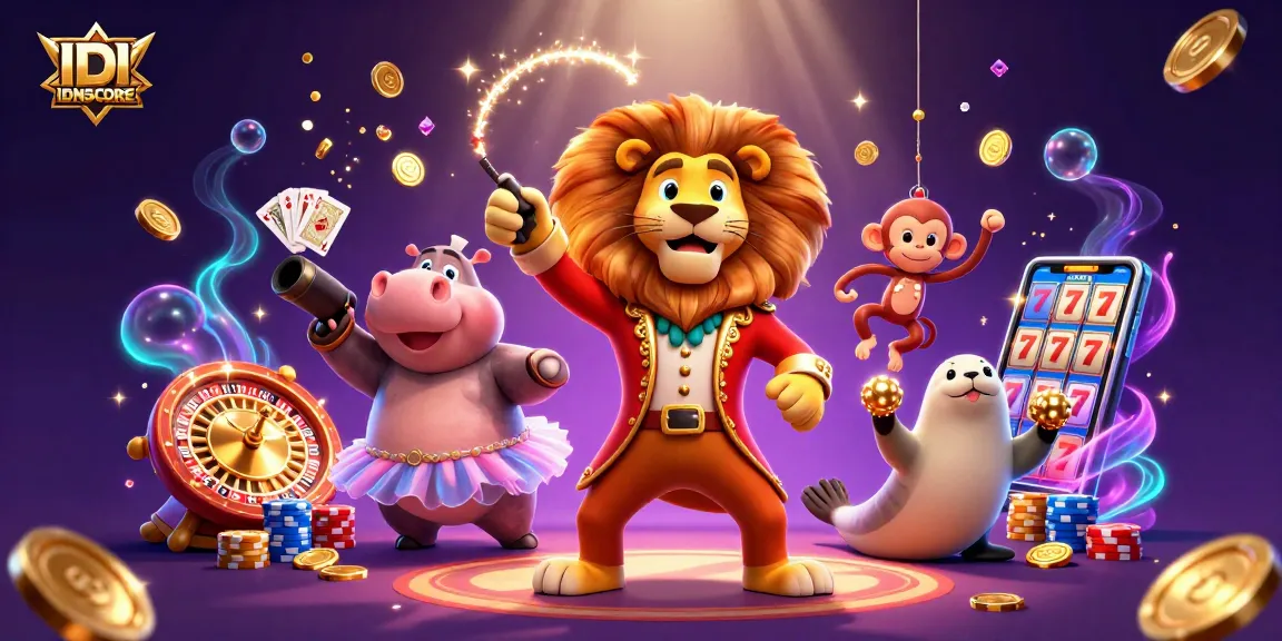 IDNSCORE showcases thrilling slot experiences with lively circus characters and vibrant casino elements.