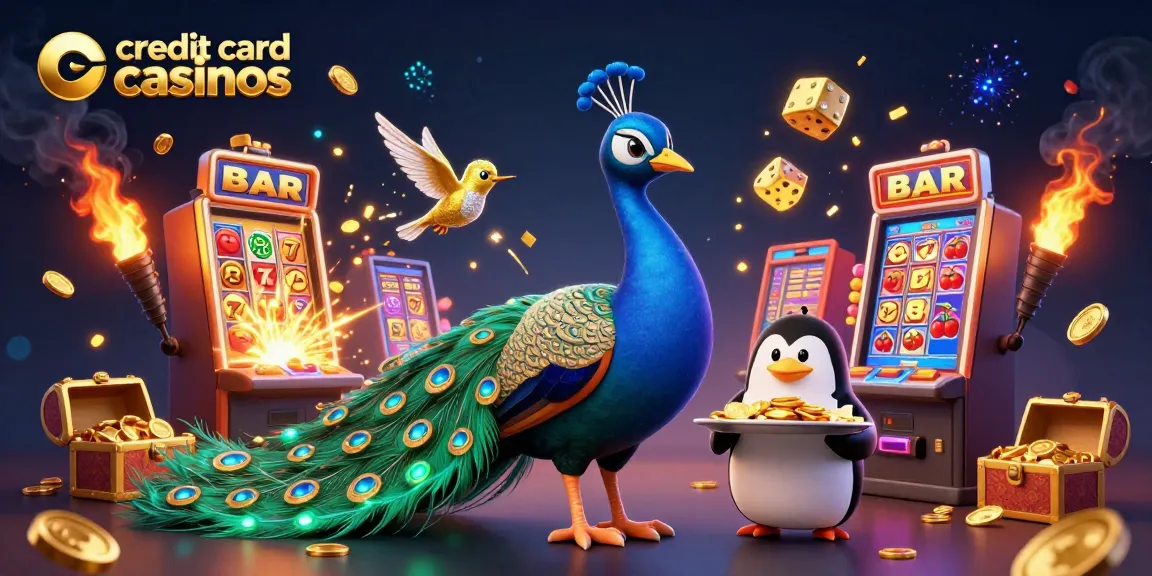 Experience thrilling action at credit card casinos featuring a peacock, penguin, and hummingbird in a dynamic casino setting.