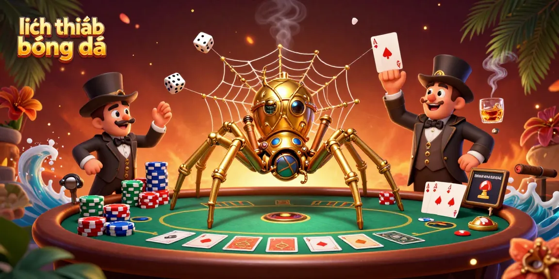 Experience the thrill of lịch thi đấu bóng đá with vibrant illustrations of a golden spider, poker elements, and dynamic scene.