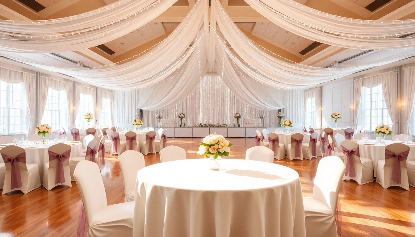 Almas event center festlich dekorierte Hochzeitsfeier mit eleganten Blumenarrangements.
