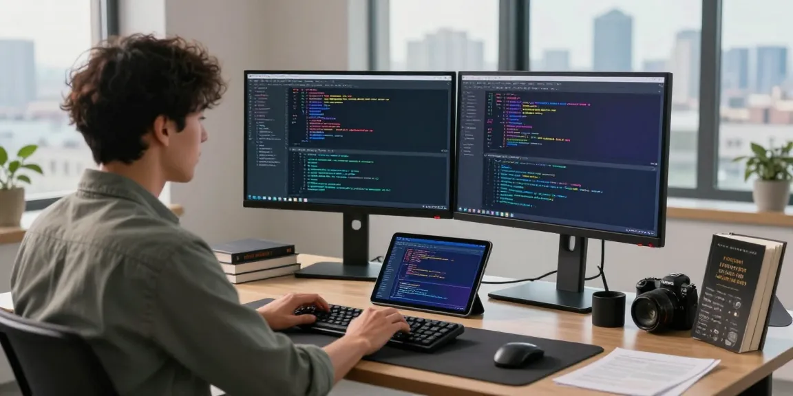 Developer coding in a modern workspace with dual monitors, showcasing telegram中文 in interface design and vibrant code.