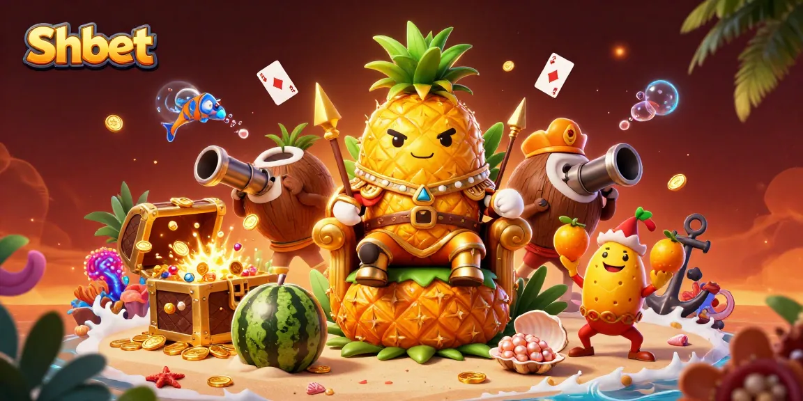 Engage with Shbet's vibrant casino world featuring a golden pineapple king and lively characters.