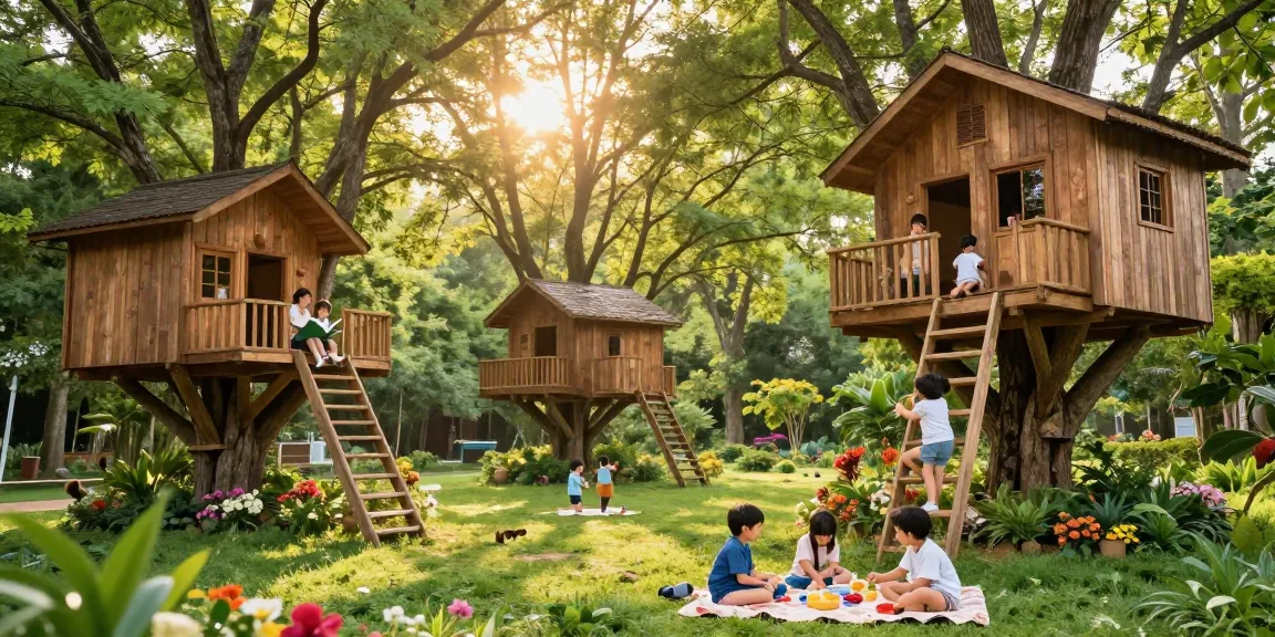 Family enjoying treehouses in serene forest setting, engaging in activities