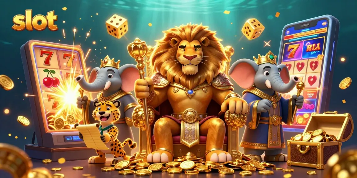 Slot gacor berkelas dengan raja singa, mesin slot jackpot, dan ornamen emas.