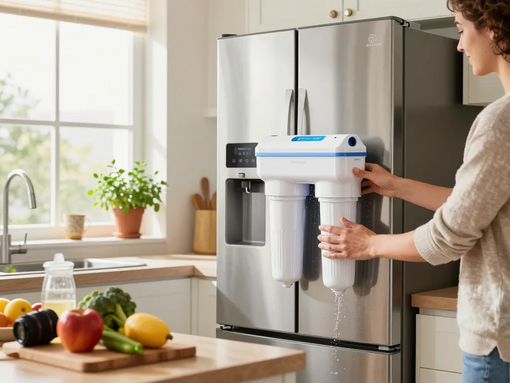 EcoAqua 5231JA2006A Refrigerator Water Filter being replaced in a modern kitchen with fresh produce around.