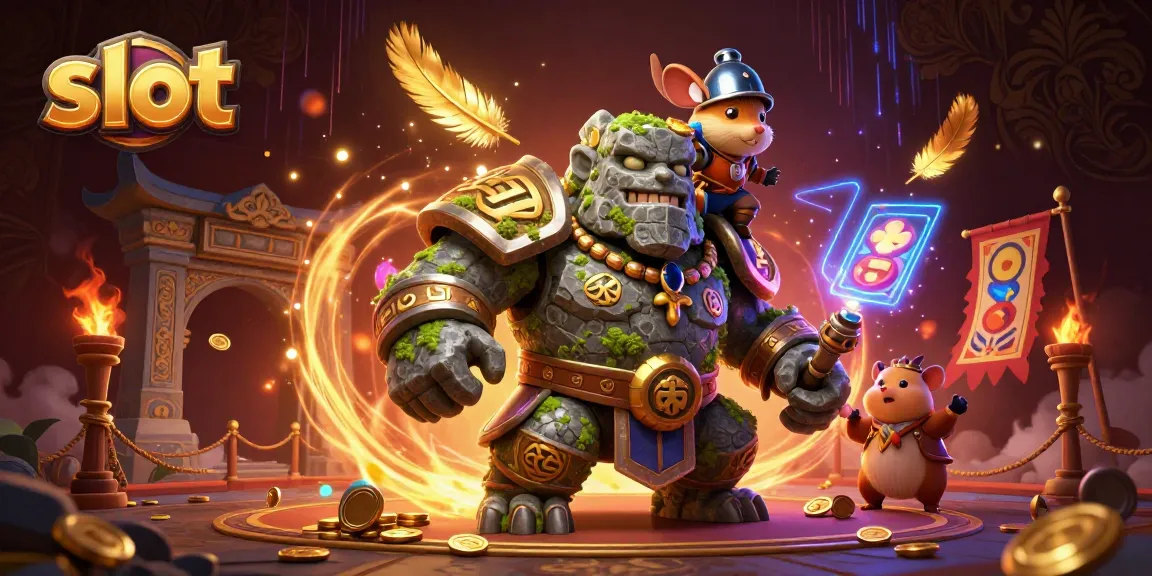 Spin the slot reels with a stone golem, fairy, and hamster knight in a vibrant gaming scene.