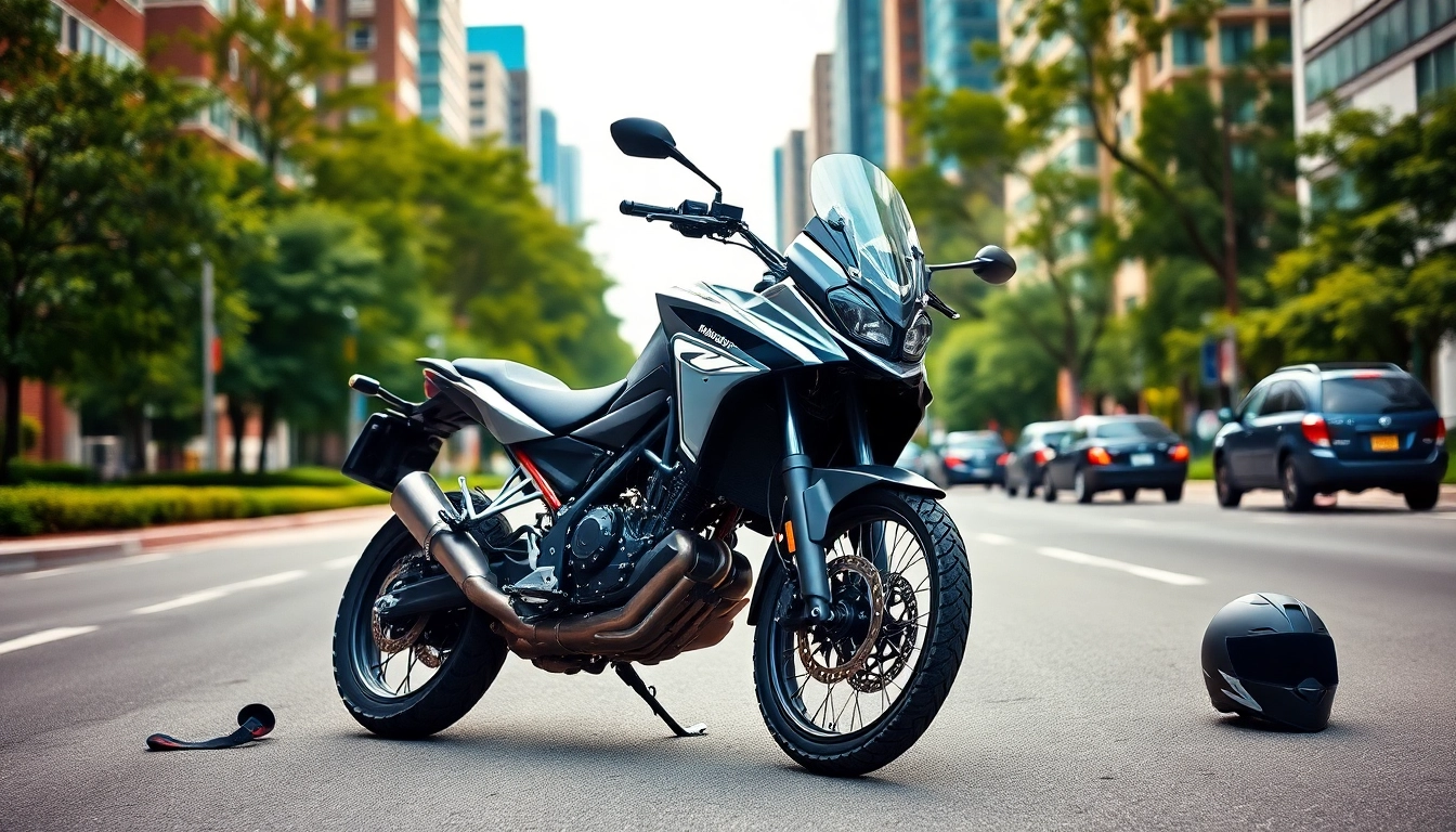 View a rugged dual sport street legal motorcycles navigating city streets.