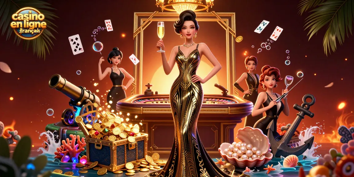 Vivez le frisson du casino en ligne français avec cette illustration 3D vibrante mettant en avant des éléments de jeu glamours.
