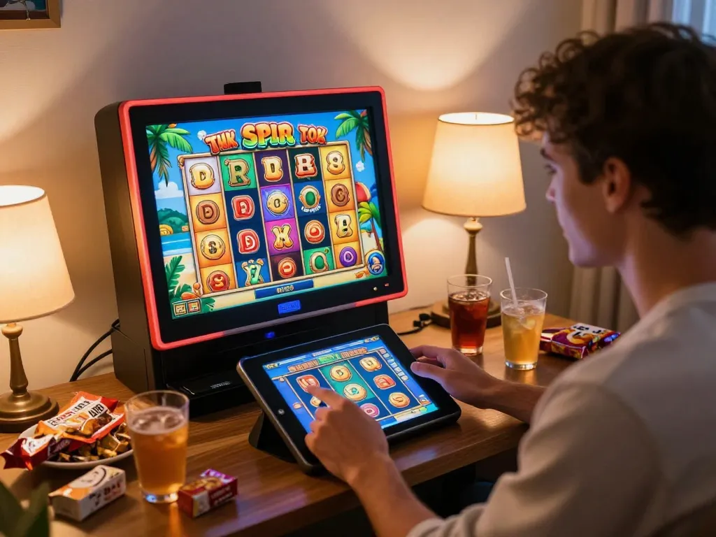 Engaging tablet user enjoying a slot bonus while playing in a cozy setting at home