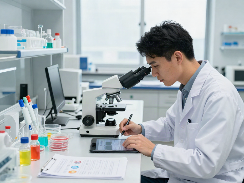Scientist studying TB-500 research peptides in a modern lab, highlighting research dedication.